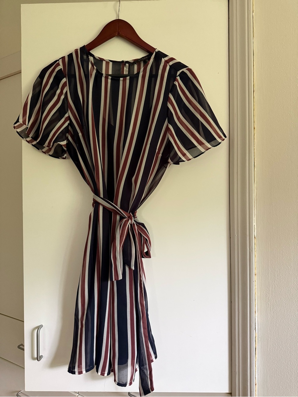 Dynamite Navy, White & Burgundy Striped Tie-Waist Mini Dress